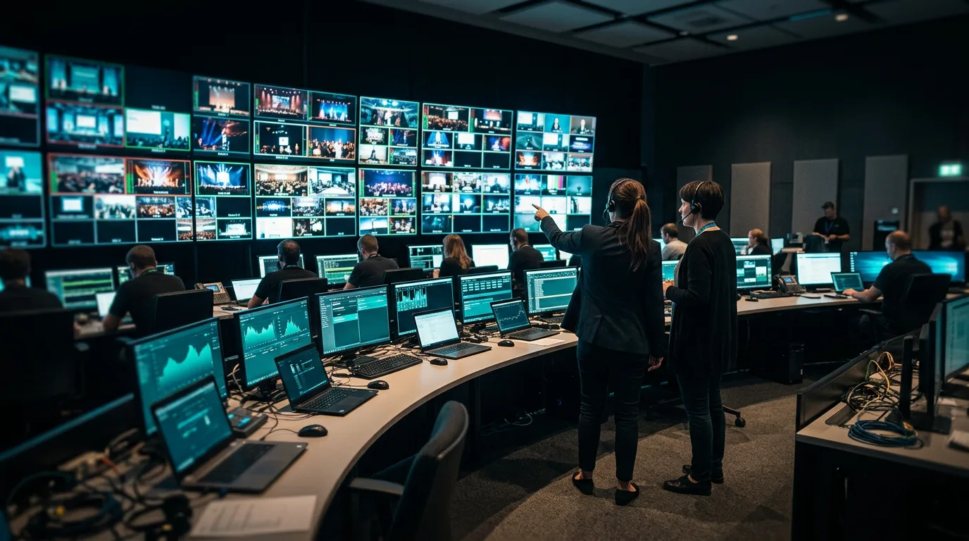 Control desk overlooking a large conference stage