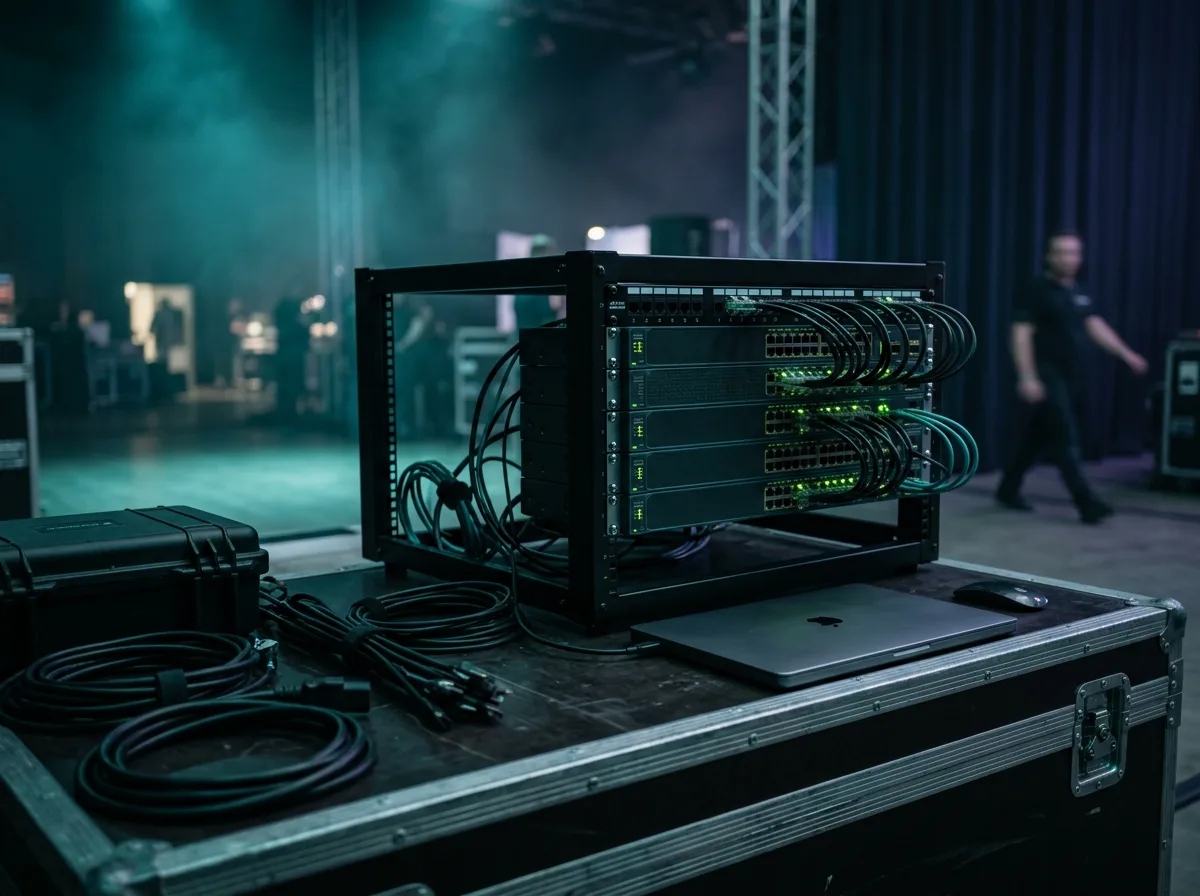 Backstage network rack and laptop with a green ready light